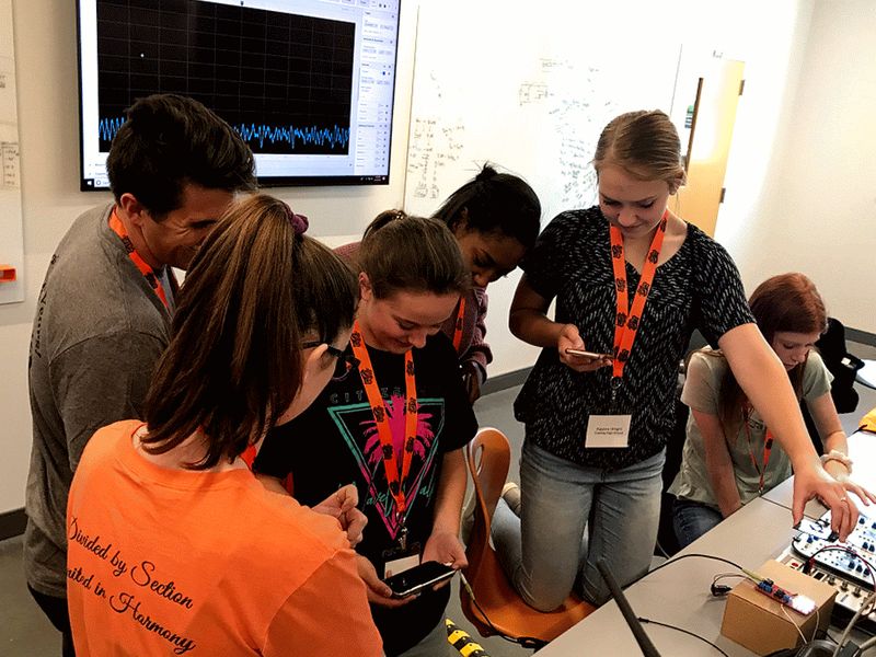 High-school students trying wireless demos at National Lab Day 2019